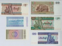 Mianmar 1994. 50p + 1996. 1K + 1997. 5K + 10K + 1994. 20K + 50K T:IMyanmar 1994. 50 Pyas + 1996. 1 Kyat + 1997. 5 Kyats + 10 Kyats + 1994. 20 Kyats + 50 Kyats C:UNCKrause 68; 69; 70.; 71.b; 72; 74.a