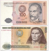 Peru 1987. 100I + 500I T:IPeru 1987. 100 Intis + 500 Intis C:UNC