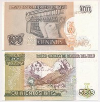 Peru 1987. 100I + 500I T:IPeru 1987. 100 Intis + 500 Intis C:UNC