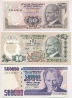 Törökország 1976. 50L + 100L + 1993. 500.000L T:ITurkey 1976. 50 Lira + 100 Lira + 1993. 500.000 Lira C:UNC