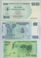 Vegyes: Burundi 2015. 1000Fr + Kongó 2007. 100Fr + Zimbabwe 2007. 100.000$ csekk T:I,I-,IIIMixed: Burundi 2015. 1000 Francs + Congo 2007. 100 Francs + Zimbabwe 2007. 100.000 Dollars cheque C:UNC,AU,F