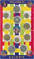 Egyiptom ~1990. 11db-os szuvenír, mellette 17db bélyeg is T:2,2-Egypt ~1990. 11pcs of coins in souvenir set, with 17pcs of stamps C:XF,VF