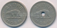 Grönland / Dán gyarmat 1926. 25ö Cu-Ni (2xklf) 1940-ben begyűjtötték ezeket az érméket, majd az Amerikai Egyesült Államokban lyukasztották őket. T:1-,2Greenland / Danish colony 1926. 25 Ore Cu-Ni (2xdiff) This coin was withdrawn from