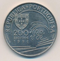 Portugália 1991. 200E Cu-Ni 'Kolumbusz és Portugália' T:1-Portugal 1991. 200 Escudos Cu-Ni 'Columbus and Portugal' C:AUKrause KM#658