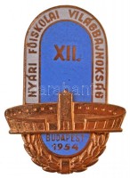 1954. 'XII. Nyári Főiskolai Világbajnokság Budapest' aranyozott, zománcozott jelvény (44x31,5mm) T:2