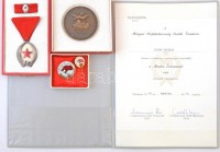 1972. 'Munka Érdemrend ezüst fokozata' ezüstözött és zománcozott kitüntetés, miniatűrrel és szalagsávval dísztokban, mellette adományozói okirat + 1960. 'A Könnyűipar Kiváló Dolgozója' zománcozott fém jelvény és miniatűr,
