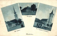 1928 Alsóábrány (Bükkábrány), Református templom, Községháza, Római katolikus templom és a szövetkezet üzlete. Alsó- és Felsőábrányi fogy. szövetkezet saját kiadása (EK)