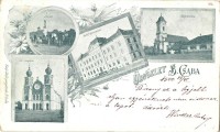 1900 Békéscsaba, Izraelita templom, zsinagóga, Artézi kút, Katolikus templom, Rudolf gimnázium. Floral, Art Nouveau (kopott sarkak / worn corners)