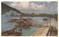 Budapest, Erzsébet híd, rakpart, gőzhajók. Művészlevelezőlap Hausner H. 7014/9.