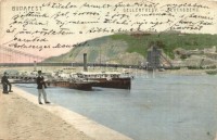 1906 Budapest I. Gellérthegy, Erzsébet híd (a budai oldala építés alatt), gőzhajó, uszály, rakpart (EK)