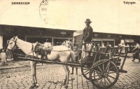 1911 Debrecen, Talyigás piaci bódék előtt, C.M. monogram a lovon. Antalfy József kiadása (EK)