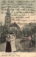 1906 Jászberény, utcakép templommal. Montázslap