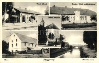 Magyarbóly, Vasútállomás, Óvoda a hősök emléktáblájával, Malom, lovaskocsi, Evangélikus templom, Karasica részlet, híd (EK)
