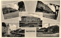 Magyaróvár, Mosonmagyaróvár; Magyar utca, Gróf Széchenyi utca, autóbusz, Kir. Járásbíróság, Magyar utca a Giesswein szoborral, Deák Ferenc tér, Szentháromság szobor (fl)
