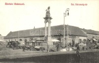 Mohács, Szentháromság tér és szobor, Ehrenfeld Antal üzlete, Schicht szappan reklám, piac, árusok