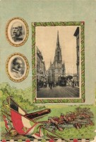 Újvidék, Novi Sad; Római katolikus templom, villamos. Ferenc József és II. Vilmos arcképei. Viribus Unitis zászlós katonai litho keret / church, tram. Viribus Unitis military litho frame with flags and portraits of Wilhelm II and Franz
