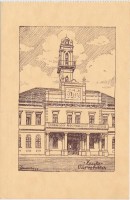 Zenta, Városháza, rézkarc; Délvidéki Egyetemi és Főiskolai Hallgatók Egyesülete / town hall, etching s: Lamoss