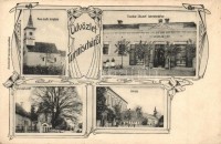 1913 Bántornya, Turnischa, Turnisce; Tivadar József kereskedése, iskola, Római katolikus templom, utca. Steegmüller fényirda kiadása / shop, school, street. Art Nouveau