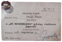 1958. 'KIOSz - Jó minőségért' aranyozott, zománcozott fém jelvény viselésre jogosító igazolvánnyal (17mm) T:2,2-