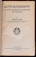 Weiner Emil: Autó-kézikönyv. Az autó szerkezete, kezelése és vezetése. Bp.,1929, Műszaki KÖnyvkiadó és Sokszorosító Intézet,('Otthon-ny.'), 613+3 p. Szövegközti ábrákkal illusztrált. Korabeli reklámokkal. Javított gerincű
