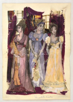 Jánoskúti Márta (1942- ): Három grácia, kollázs, papír, jelzett, felcsavarva, 61×43 cm