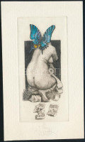 Vén Zoltán (1941-): Pillangós hát akt. Színezett rézkar, papír,  jelzett, 12,5×6 cm