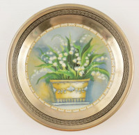 Jelzett ón keretes matricás porcelán tálka, hibátlan, d: 13 cm