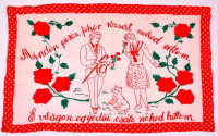 'Minden piros, fehér rózsát neked vittem...' feliratú hímzett konyhai falvédő, 73×48 cm