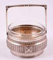 Jelzett füles alpakka kínáló, pótolt üvegbetéttel, m: 13,5 cm,d: 11 cm