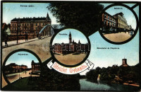 Győr, Konvent épület, híd, Baross út, Weisz Ferenc üzlete, Pályaudvar, vasútállomás, Városháza, Rába részlet, Püspökvár, püspöki palota. Hermann Testvérek kiadása (EK)