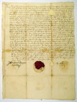 [ERDŐDY Tamás, monyorókeréki, gróf (1558-1624) latin nyelvű oklevele sajátkezű aláírásával, hiányos viaszpecsétjével; Nos Thomas Erdody de Monyorokerek kezdettel.]