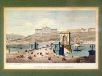 FUCHSTHALLER Alajos: Pesth Ofner Kettenbrücke. [A Lánchíd Pestről nézve, háttérben a Budavári palota és a Karmelita kolostor.]