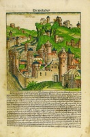 [Képzeletbeli valachiai város látképe. Ősnyomtatvány-lap, 1493.]