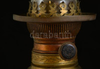 cca 1870 Moderateur olajlámpa Zsolnay porcelán talpazattal Dietmar réz égőfejjel, kézzel festett reneszánsz páros portrés, kopott festéssel, jelzett, pótolt burával, m: 52 cm (71 cm)