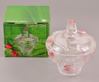 Walther-Glas Nadine üveg tulipános bonbonier, hibátlan, eredeti dobozában, d: 15 cm