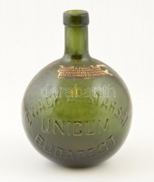 'Zwack J. és társa Unicum Budapest' feliratú színezett üveg, matrica maradványával, kis kopásokkal, m: 19 cm
