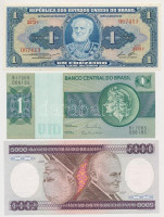 Brazília 1943-1975. 1C (2xklf) + 1987-1990. 100C (2xklf) + 1990. 200C + 1984. 5000C T:IBrasil 1943-1975. 1 Cruzeiro (2xdiff)+ 1987-1990. Cruzados (2xdiff) + 1990. 200 Cruzados + 1984. 5000 Cruzeiros C:UncKrause KM#132 KM#191A KM#202 KM#228