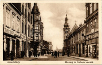 Szombathely, Herczeg és Sabaria szálloda, Holzer Bernát, Legáth Testvérek, Kemény József üzlete, kerékpáros