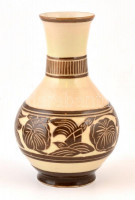 Virágmintás mázas kerámia váza, hajszálrepedéssel, m: 20,5 cm