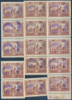1943 Mezőtúr város lila '2'-vel felülbélyegzett okmánybélyeg + pár + hármas, négyes, ötös csíkok, mindegyikben 1 db 1 oldalon vágott bélyeg (54.600) / Municipality of Mezőtúr fiscal stamp with violet '2' with handstamp: 1 piece +