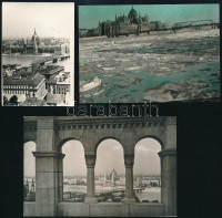 cca 1957 Budapest, a Kossuth híd különféle nézőpontokból, 4 db fotó, ebből 3 fénykép vintage, egy pedig mai nagyítás korabeli színes diapozitív felvételről, 9x6 cm és 8,1x21 cm