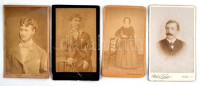 cca 1869-1890 4 db keményhátú portré fotó, Würschig Rezső (1869.), Atelier Häusler,(Besztercebánya/Bistritz), Ellinger Ede (Bp., törésnyommal), Borsos és Varságh (Bp., 1877.), 11x6 cm és 10x6 cm közötti méretben