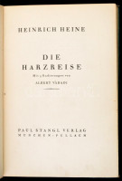 Heinrich Heine: Die Harzreise. Váradi Albert (1896-1925) 9 db egészoldalas rézmetszetével, a művész által aláírva. München-Pullach,[1923], Paul Stangl Verlag, 112+6 p.+ 9 t. Német nyelven. Korabeli álbordás egészbőr-kötésben,