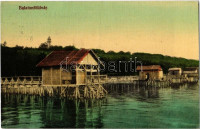 Balatonföldvár, fürdőkabinok stégen a Balatonban. Gerendai Gyula kiadása 13. sz. 1912.