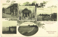 Balatonlelle, Hortense és Fiszike nyaraló, Csendes és haragvó Balaton, kirándulók csónakban. László Domokosné kiadása, floral (EK)