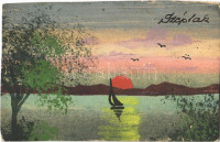 1956 Balatonszéplak (Siófok). Kézzel festett művészlap (EB)