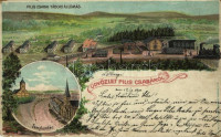 1900 Piliscsaba, Tábori vasútállomás, gőzmozdony, katonai laktanya, Templom tér. 404/99. Lith. Blau Albert, Art Nouveau litho (szakadás / tear)