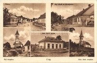 1941 Úny, Fő utca, Református templom és iskola, községháza, Római katolikus templom és iskola. Poszlovszky József kiadása