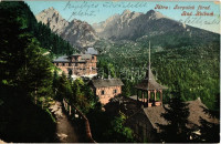 Tátra, Magas Tátra, Vysoké Tatry; Tarpatakfüred szálloda, Lomnici csúcs. Kiadja Cattarino S.  163. / Bad Kolbach, Lomnitzerspitze / Lomnicky stít / hotel and mountain peak (EK)
