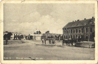 Vágsellye, Schelle, Sala nad Váhom; Hlavné námestie / Fő tér, Állami iskola, kerékpárosok / main square, school, bicycle (fl)